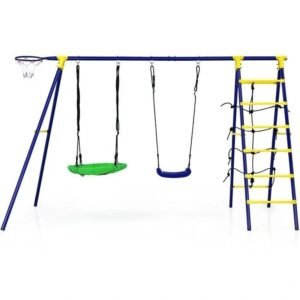 5 in 1 outdoor kids swing set with a shaped metal frame and ground stake.jpg
